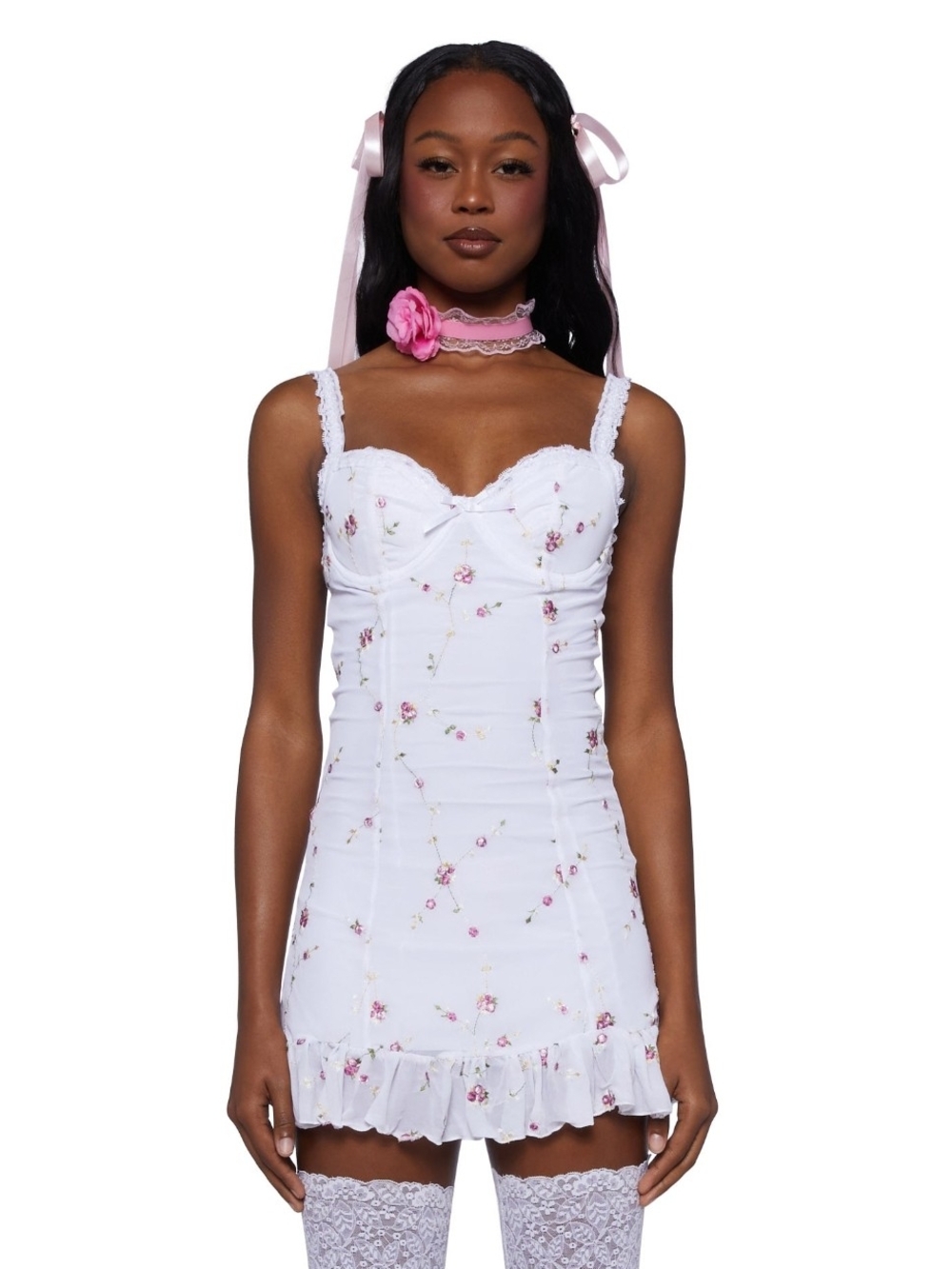 Sugar Thrillz White Mini Dress with Pink Rose Print